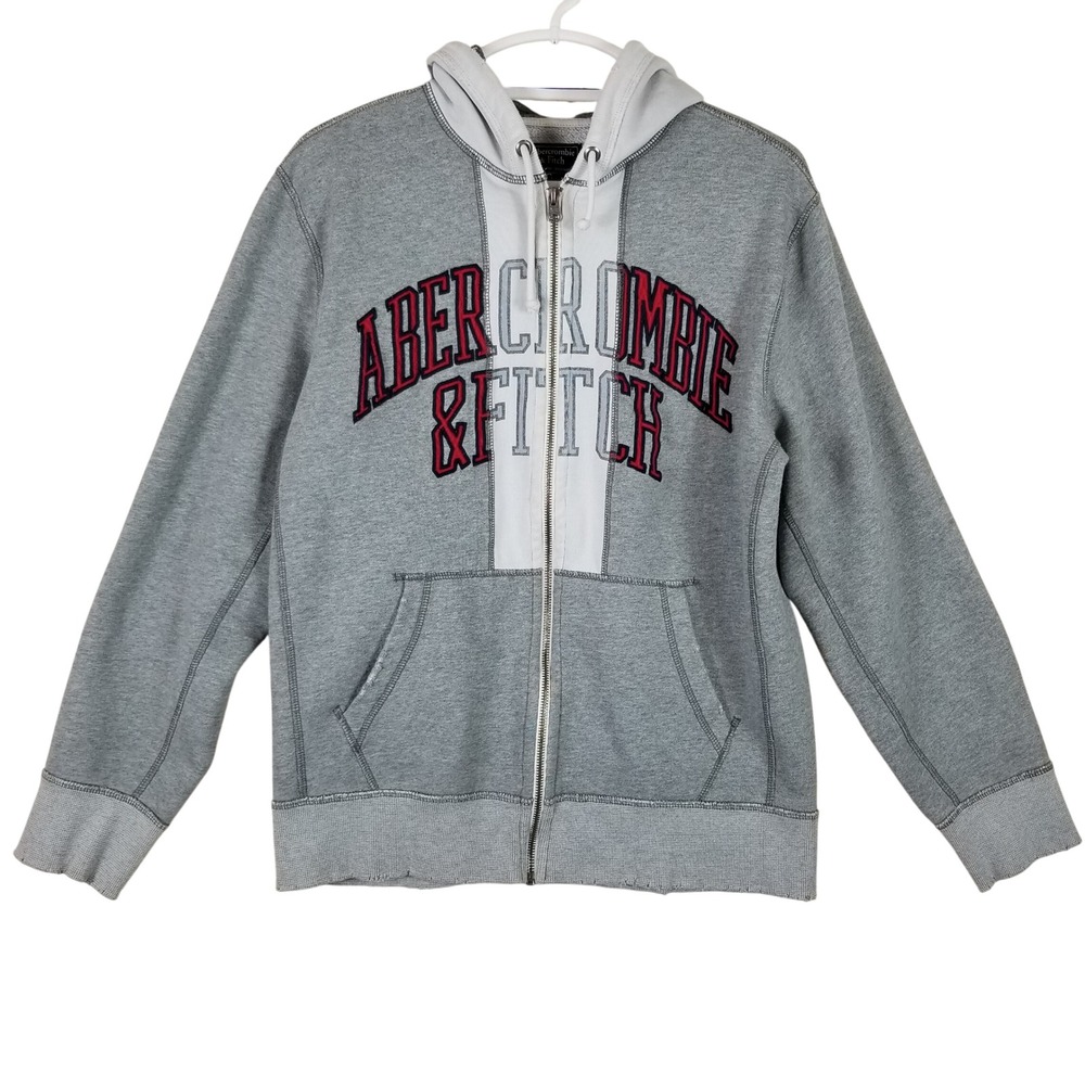 Abercrombie & Fitch Womens Full Zip Hoodie Gray White Logo Sweatshirt Large